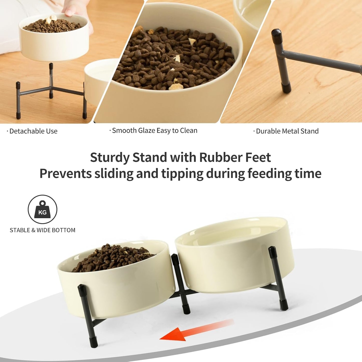32 OZ Ceramic Dog Cat Bowl with Elevated Metal Stand, 6 Inch Ceramic Pet Dish for Food and Water, Pet Feeder Bowls for Cats & Dogs - Set of 2, Beige