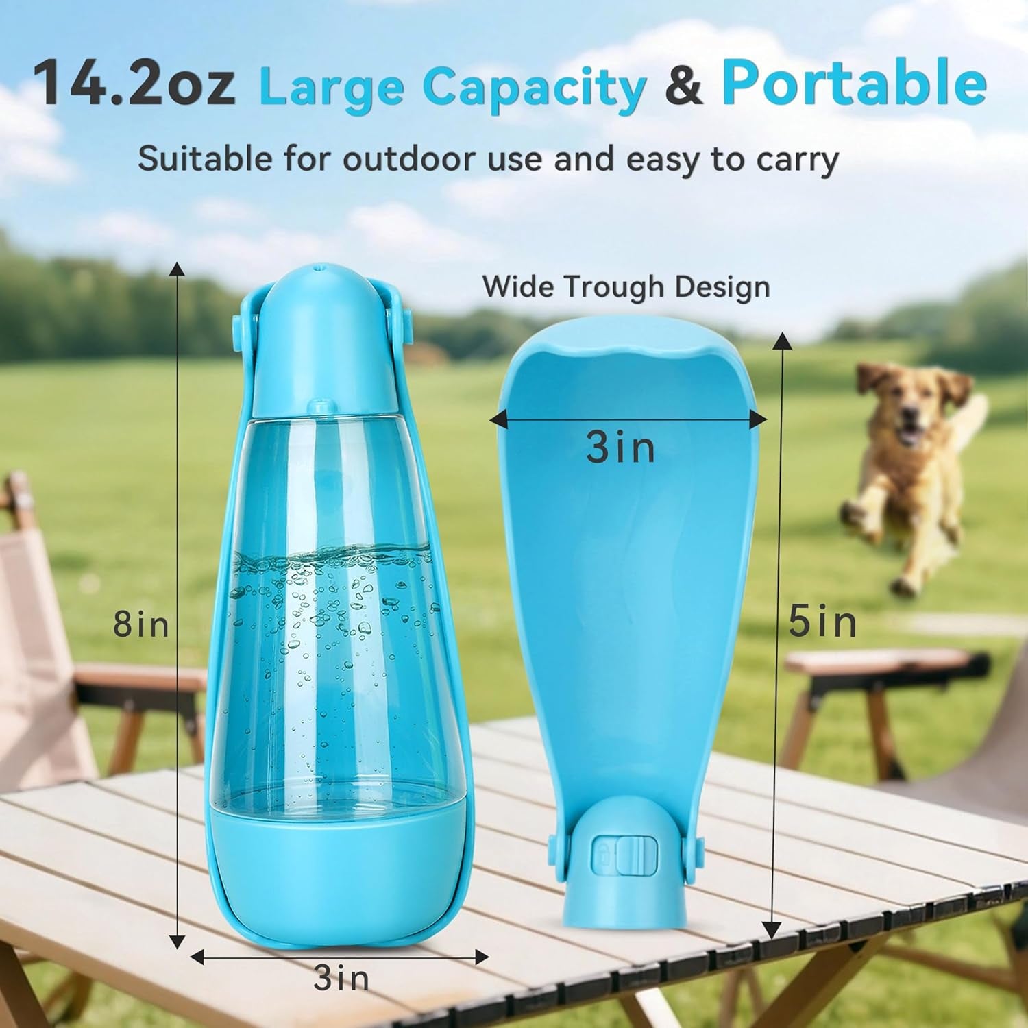 Dog Water Bottle | Portable & Foldable Dog Water Bottle | 3-In-1 Portable Pet Water Dispenser with Food Container & Poop Scooper for Outdoor Walking, Hiking & Travel,14.2Oz(Blue)