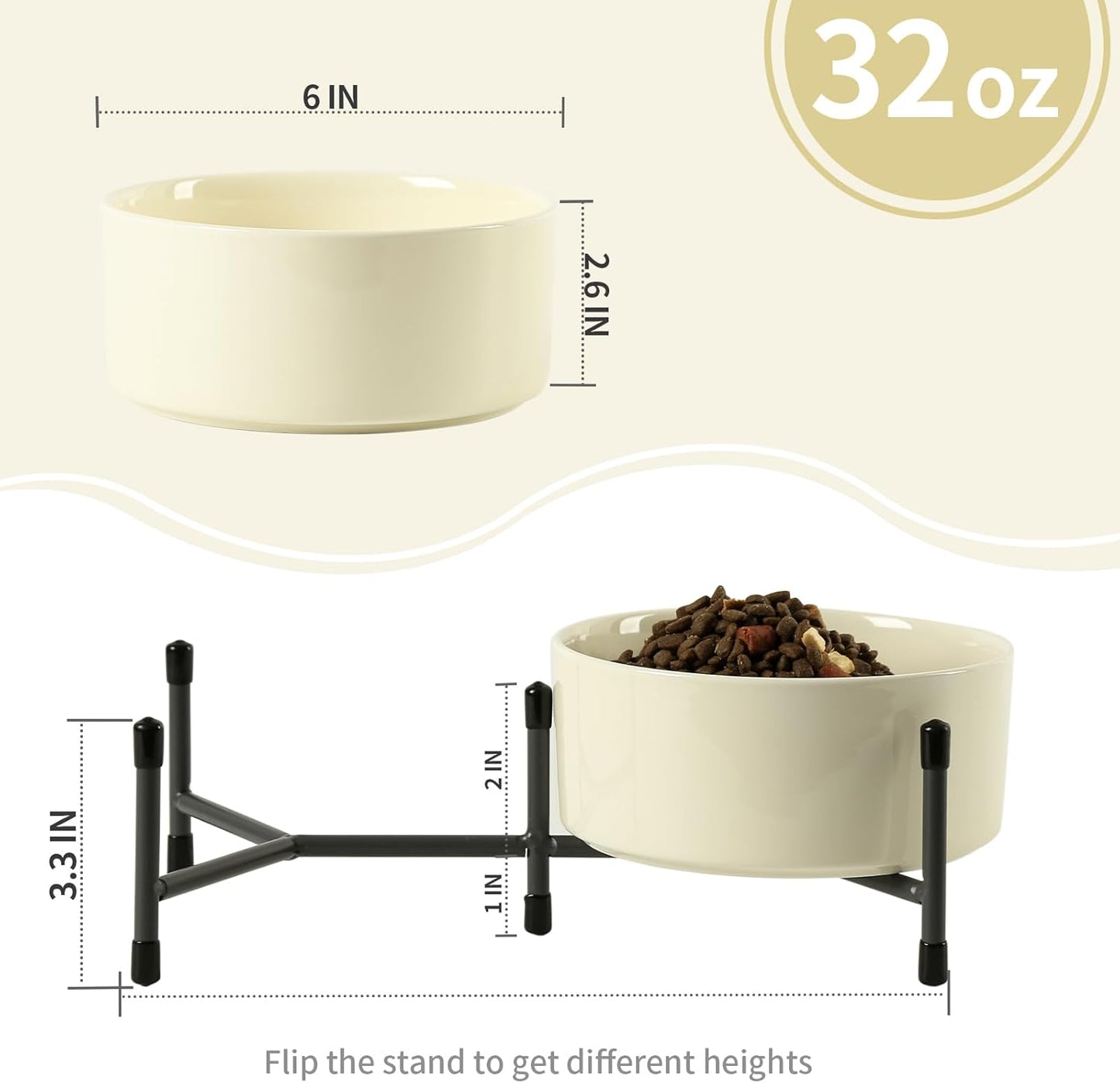 32 OZ Ceramic Dog Cat Bowl with Elevated Metal Stand, 6 Inch Ceramic Pet Dish for Food and Water, Pet Feeder Bowls for Cats & Dogs - Set of 2, Beige
