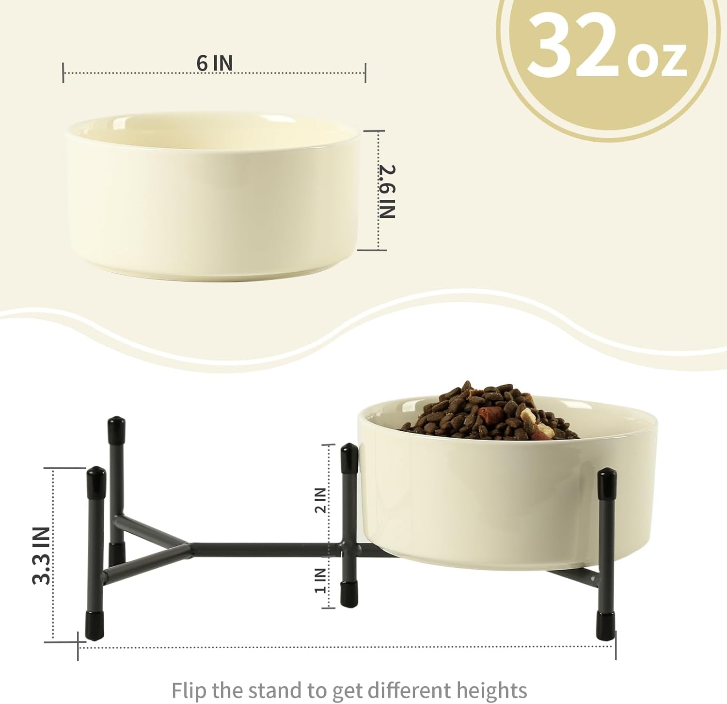 32 OZ Ceramic Dog Cat Bowl with Elevated Metal Stand, 6 Inch Ceramic Pet Dish for Food and Water, Pet Feeder Bowls for Cats & Dogs - Set of 2, Beige