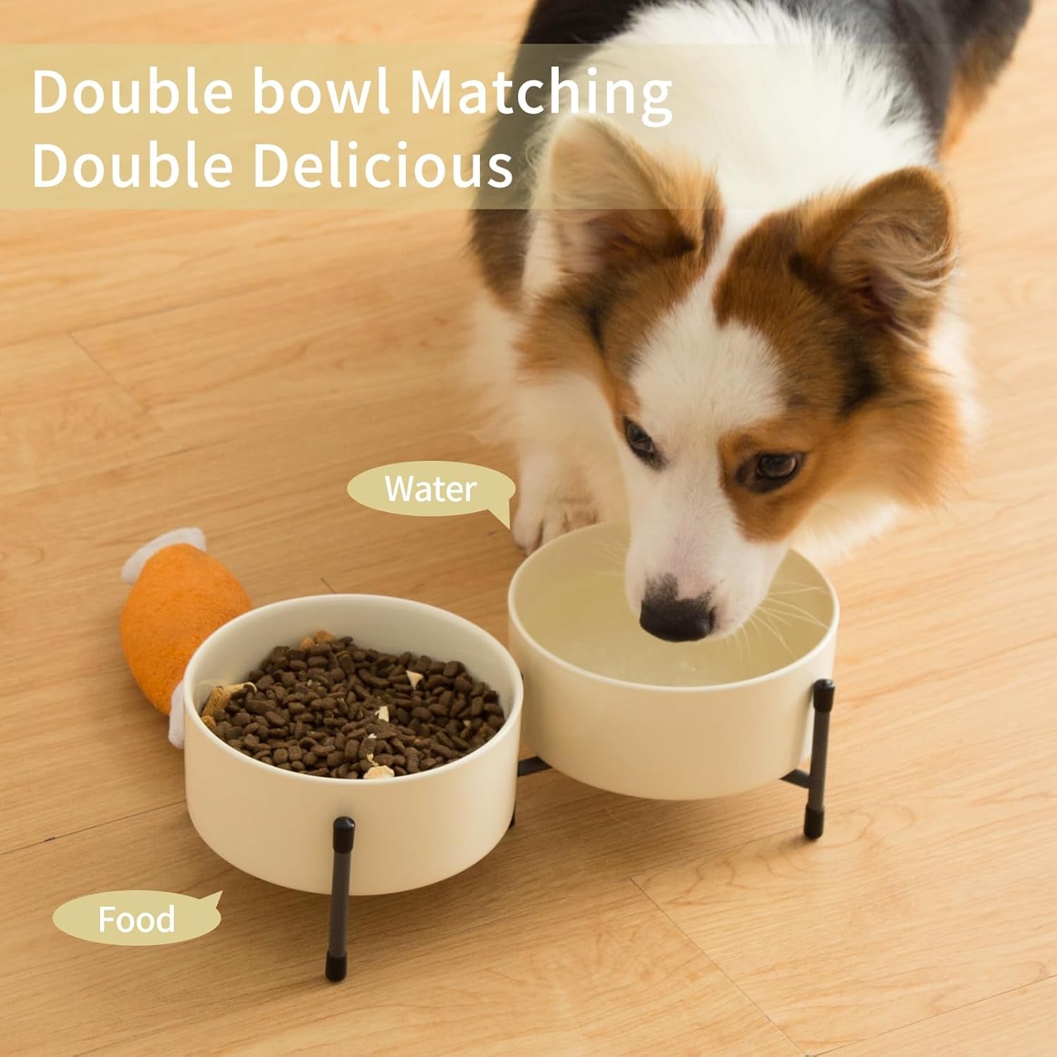 32 OZ Ceramic Dog Cat Bowl with Elevated Metal Stand, 6 Inch Ceramic Pet Dish for Food and Water, Pet Feeder Bowls for Cats & Dogs - Set of 2, Beige