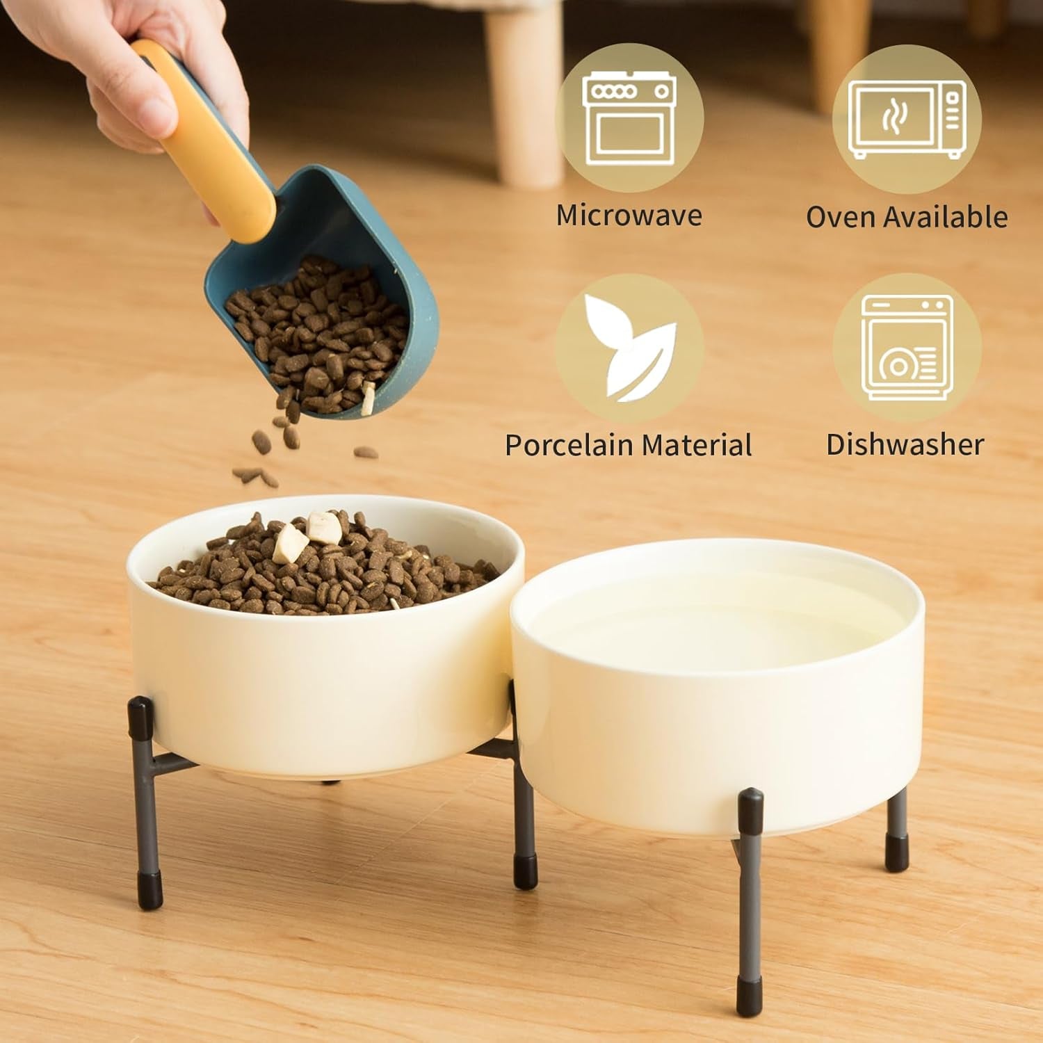 32 OZ Ceramic Dog Cat Bowl with Elevated Metal Stand, 6 Inch Ceramic Pet Dish for Food and Water, Pet Feeder Bowls for Cats & Dogs - Set of 2, Beige