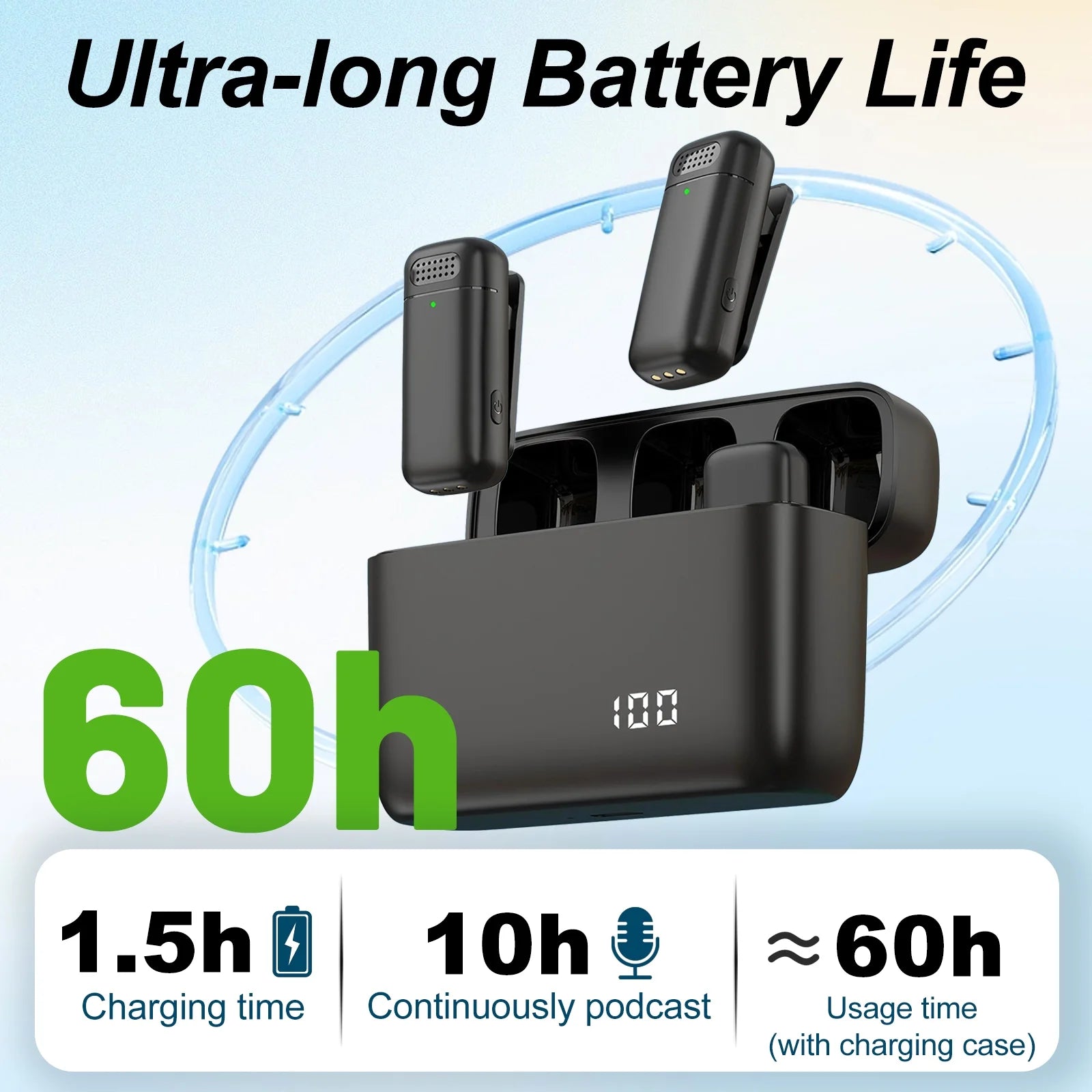 Wireless Lavalier Microphone for Iphone and Android, 60H Battery Life with Charging Case, Lapel Microphone with Noise Reduction, Clip on Mini Mic for Video Recording, Interviews, Vlog