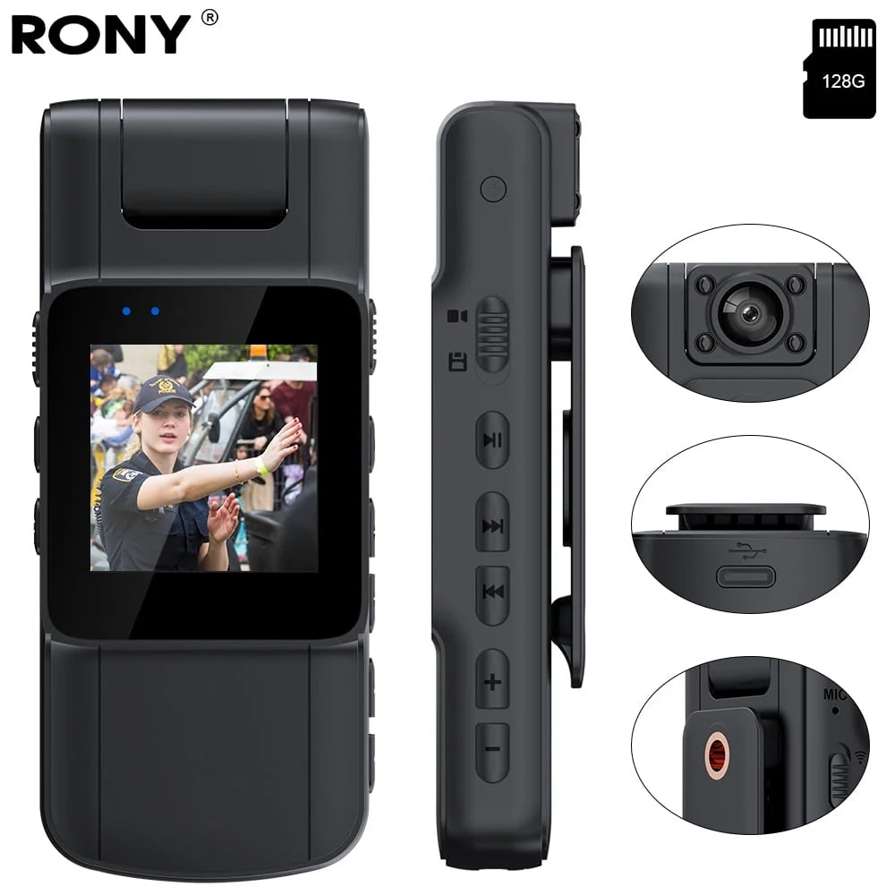 128GB 180° Rotate Mini Body Camera - 1080P Wearable Camcorder with Night Vision - Long Battery Life Audio Video Camera for Daily Records