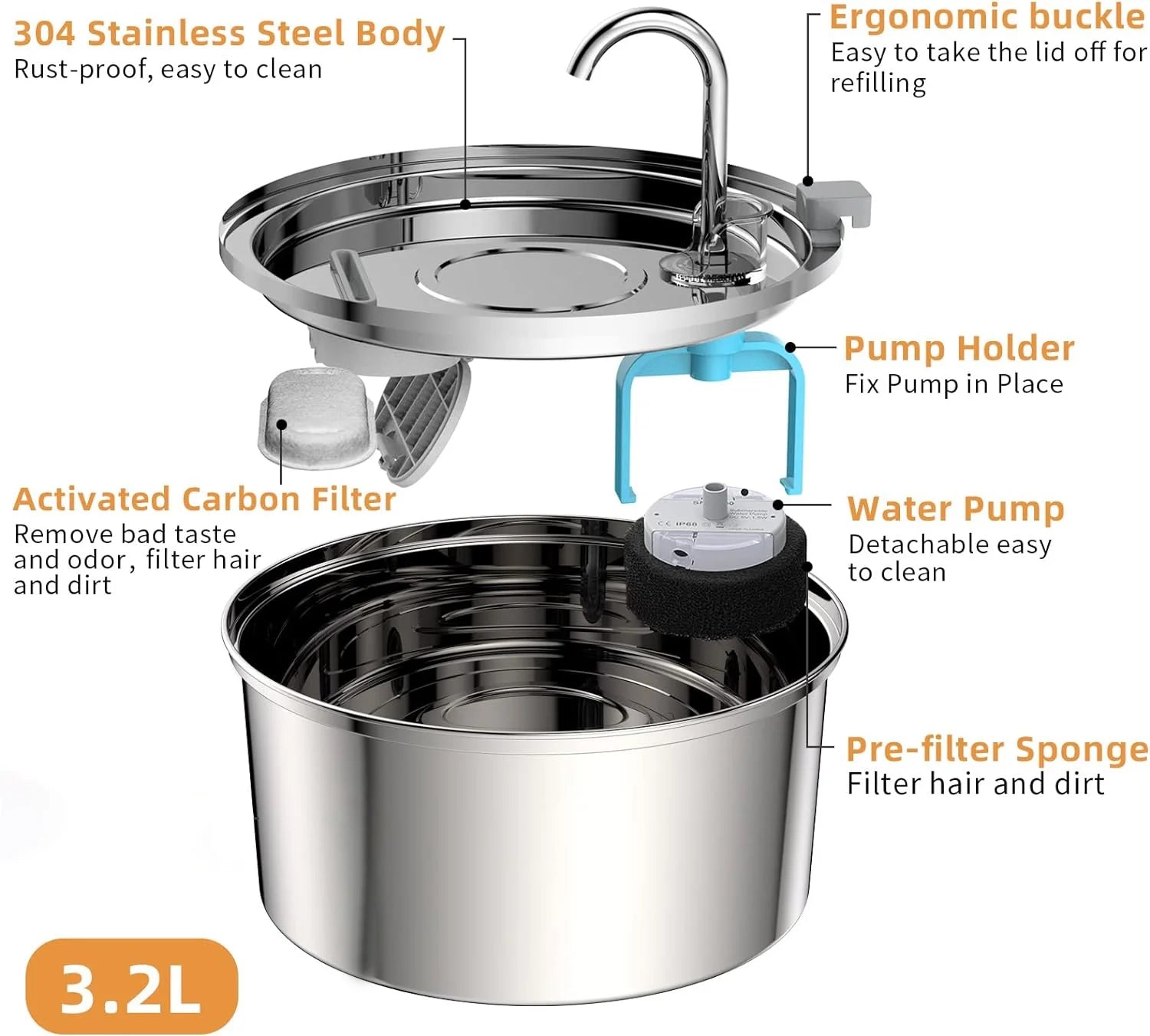Cat Water Fountain Stainless Steel, 108Oz/3.2L Automatic Cat Fountain, Dog Water Dispenser, Super Silen, Multi-Filtration. Dishwasher Safe for Cats, Dogs, Multiple Pets