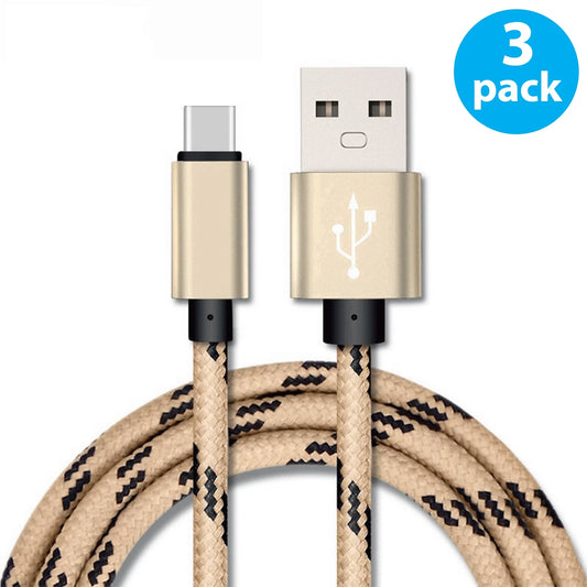 3-PACK 10FT USB Type C Cable, Fast Charger,  USB-A to USB-C Charging Cord, Nylon Braided, Compatible with Samsung Galaxy S23, S22, S21, S20, S10, S9, Note20 10 9, Universal USB-C Charger, Gold