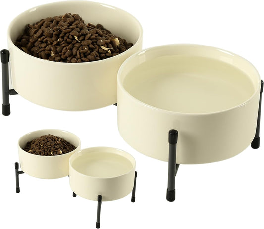 32 OZ Ceramic Dog Cat Bowl with Elevated Metal Stand, 6 Inch Ceramic Pet Dish for Food and Water, Pet Feeder Bowls for Cats & Dogs - Set of 2, Beige