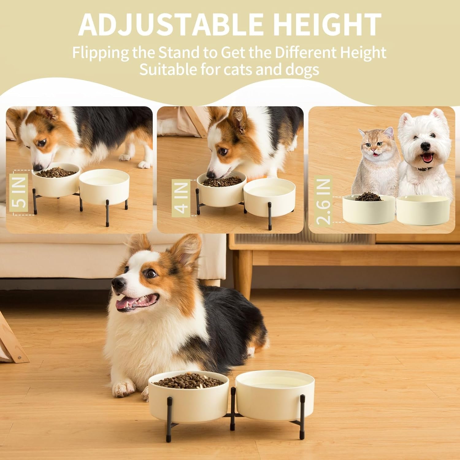 32 OZ Ceramic Dog Cat Bowl with Elevated Metal Stand, 6 Inch Ceramic Pet Dish for Food and Water, Pet Feeder Bowls for Cats & Dogs - Set of 2, Beige